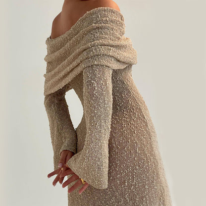 One-shoulder Knitted Long-sleeved Dress